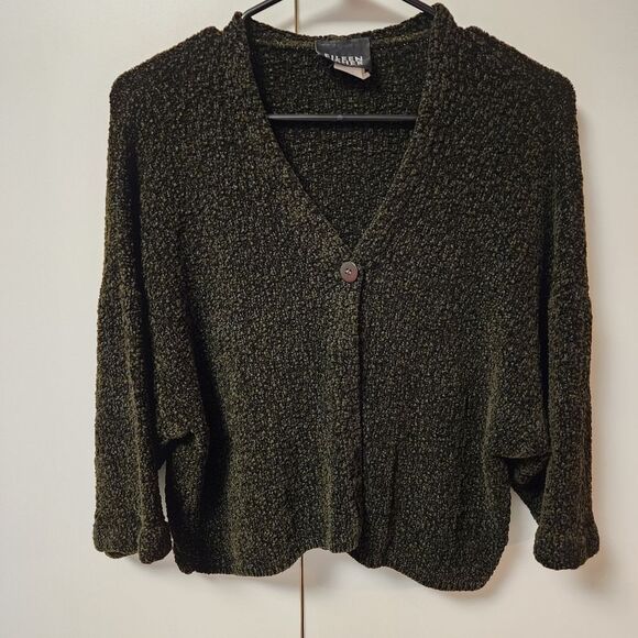 Eileen Fisher Olive Green Sweater one button rayon cardigan sz M - Picture 1 of 13